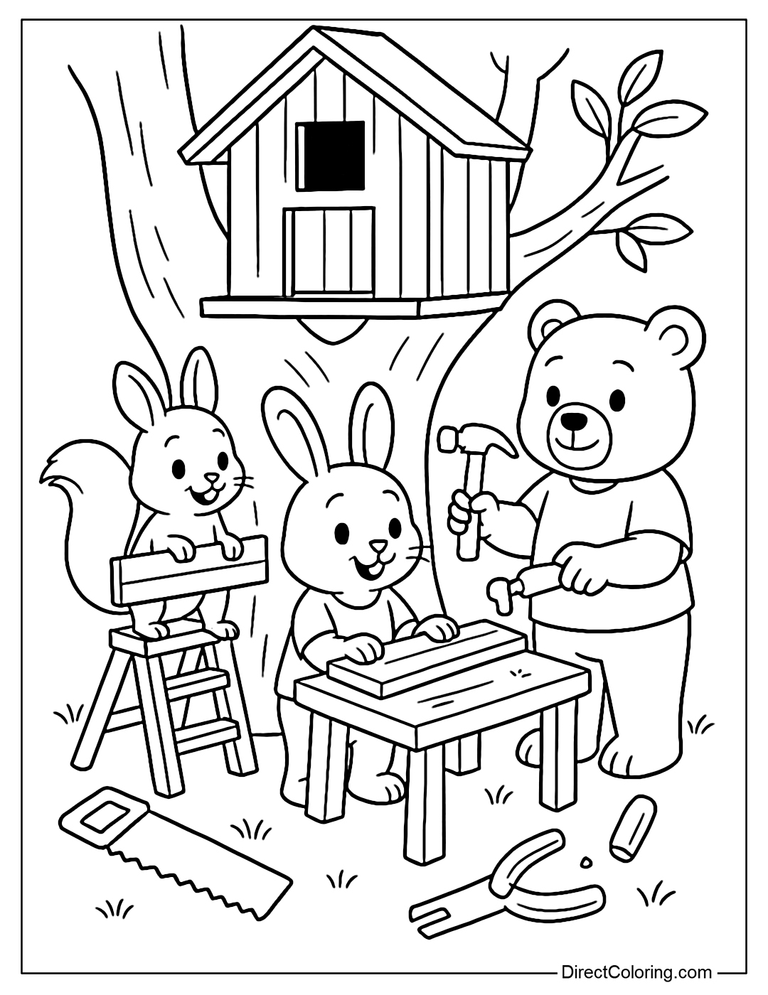 A coloring page of animals like squirrels, rabbits, bears building a treehouse out of wood, with a saw and a ladder.